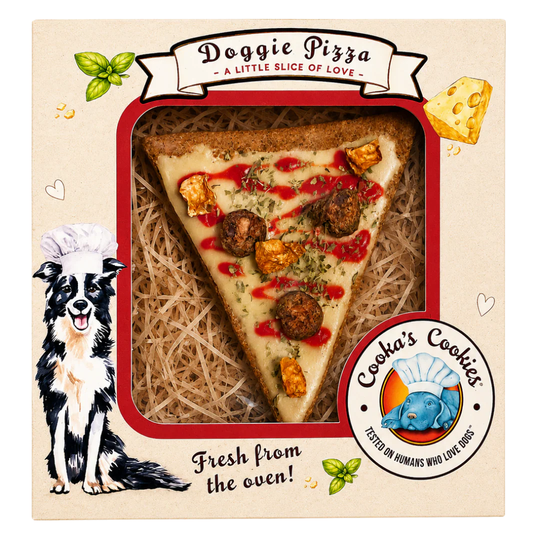 Embalagem de pizza para cães com texto e ilustração