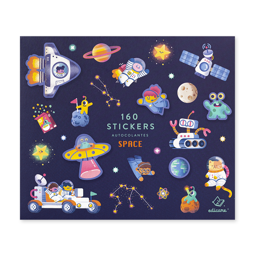 Folha de autocolantes espaciais coloridos com texto 160 STICKERS AUTOCOLANTES SPACE