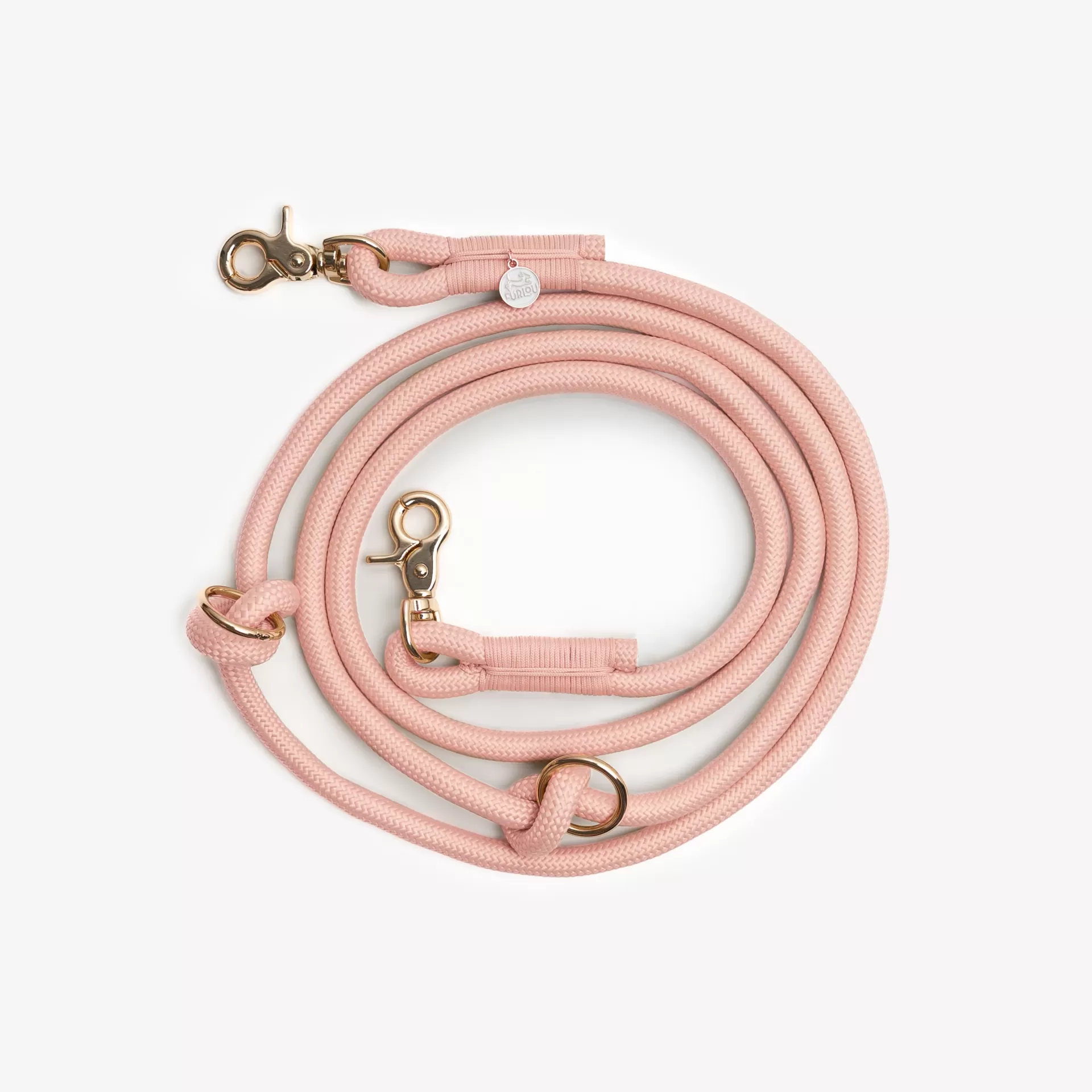Trela para cão cor de rosa com mosquetões dourados e pendente Furio
