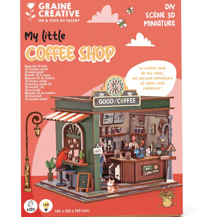 Maquete 3D de coffee shop miniatura em madeira colorida com detalhe de figuras e toldo
