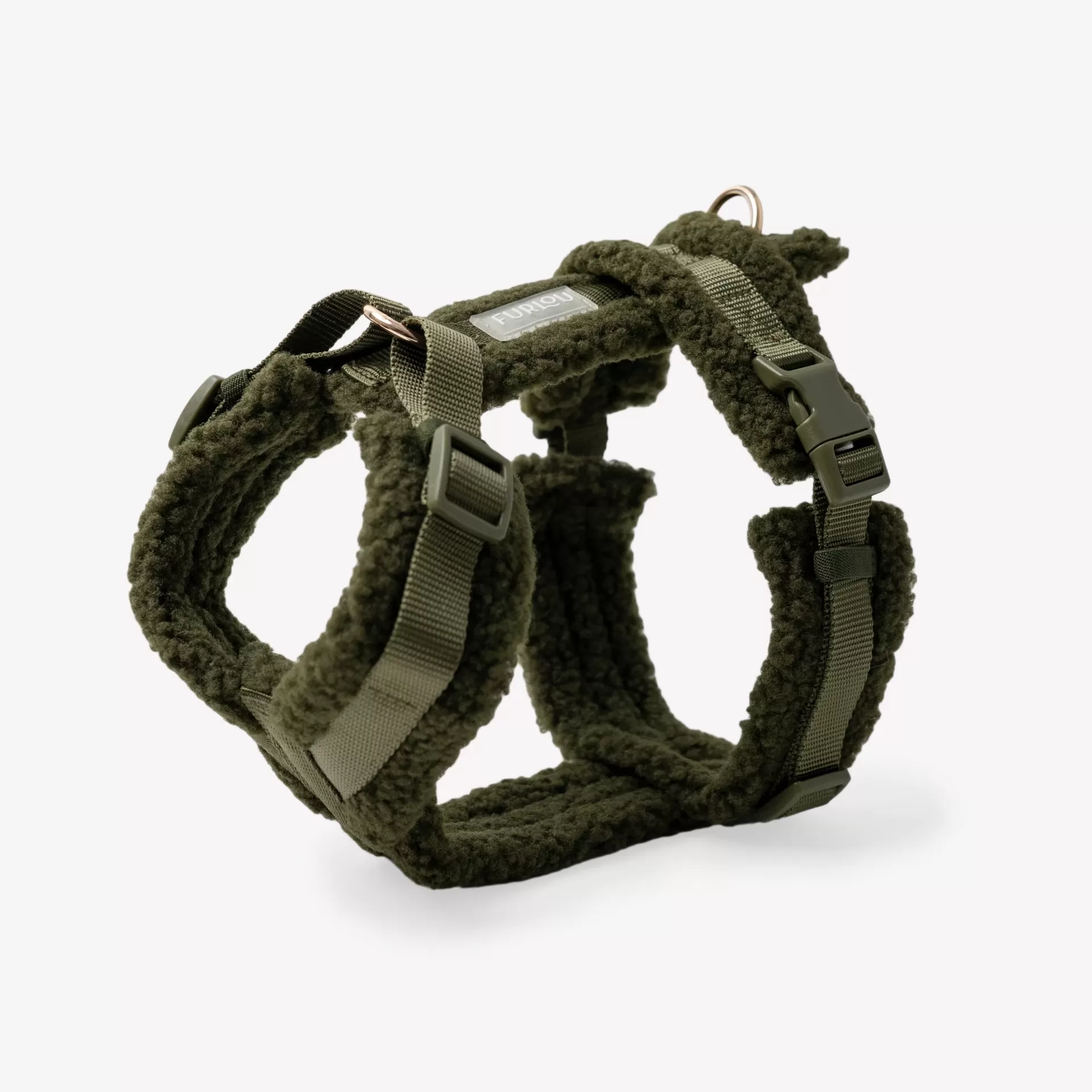 Arnês verde militar para animais com textura de lã e fivela ajustável