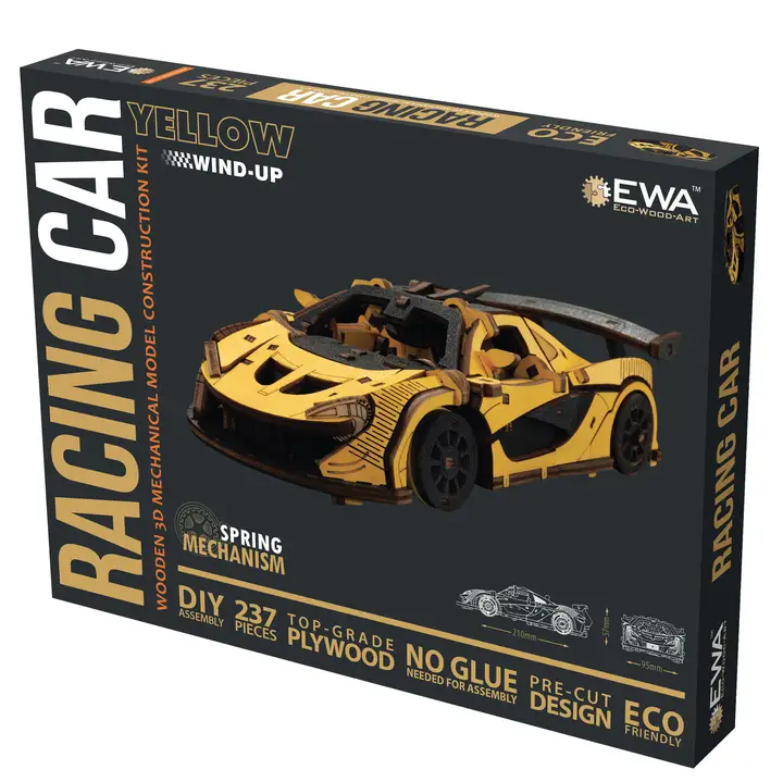 Caixa de kit de construção modelo mecânico 3D carro de corrida amarelo em madeira