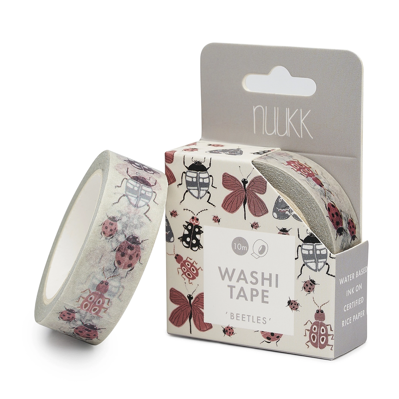 Rolo de fita washi decorativa com padrão de insetos em embalagem