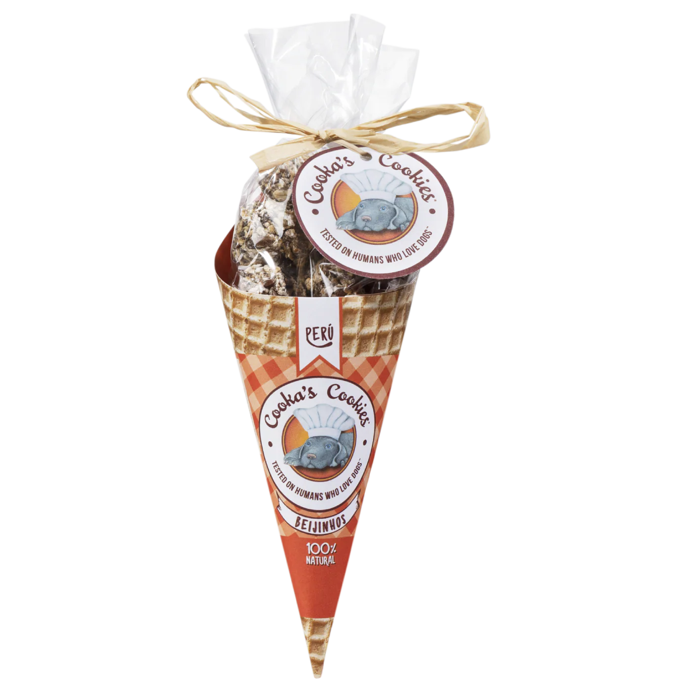 Pacote de bolachas em cone com etiqueta de cão e texto Cookas Cookies