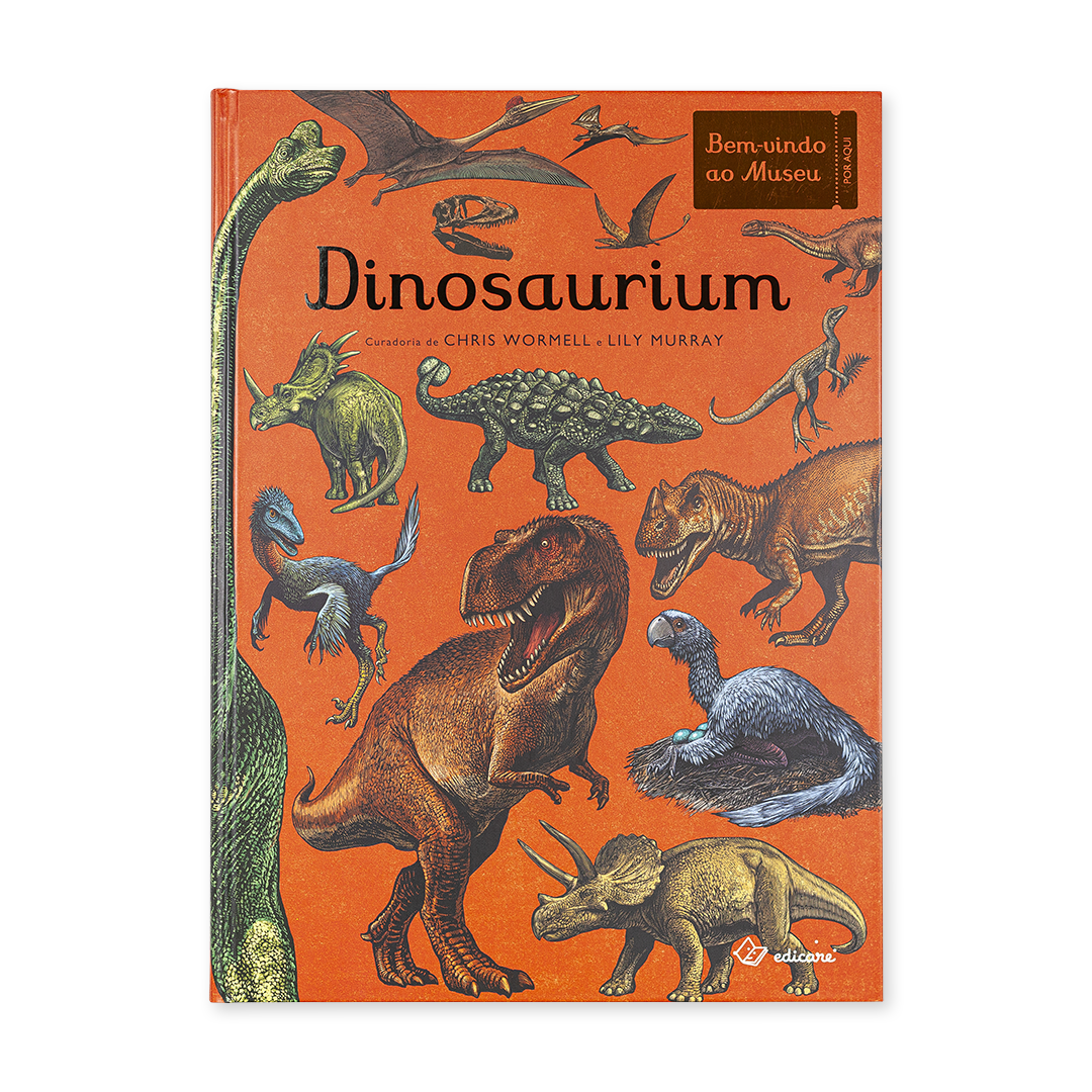 Capa de livro laranja com ilustrações de dinossauros e texto Dinosaurium