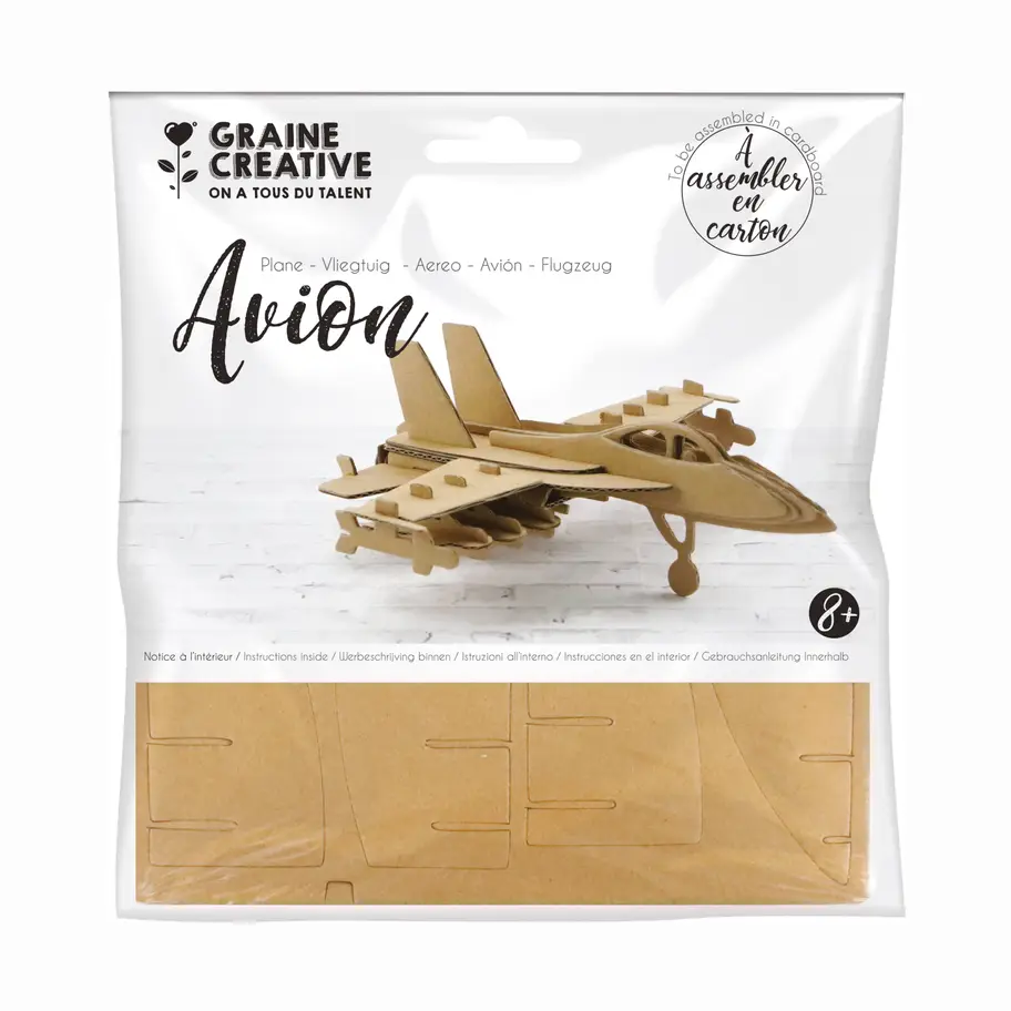 Kit para montar avião em cartão castanho com embalagem branca e texto Graine Creative
