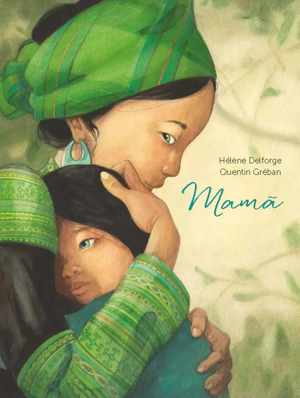Capa de livro com mulher e criança de roupa verde abraçados e texto Mamã