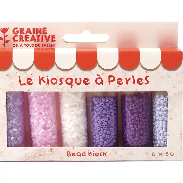 Conjunto de 6 tubos com contas coloridas em caixa de papelão com texto em francês e inglês