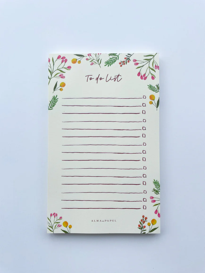 Bloco de notas To do List decorado com flores e texto ALMA em PAPEL