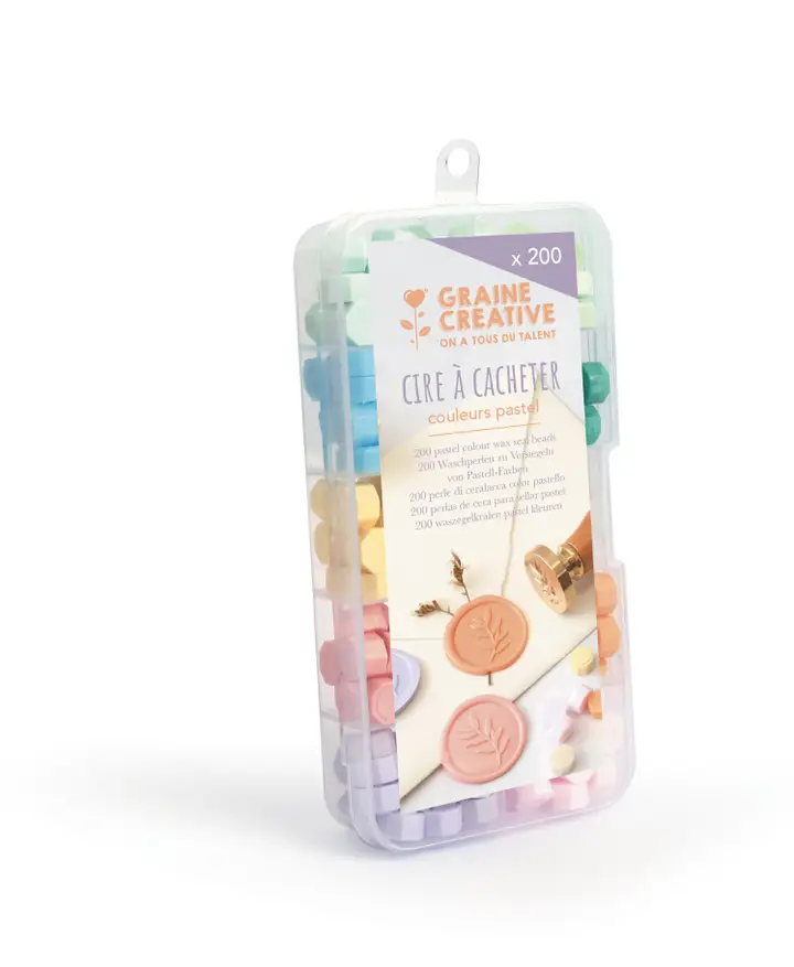 Caixa transparente com pastilhas de cera para lacrar em cores pastel