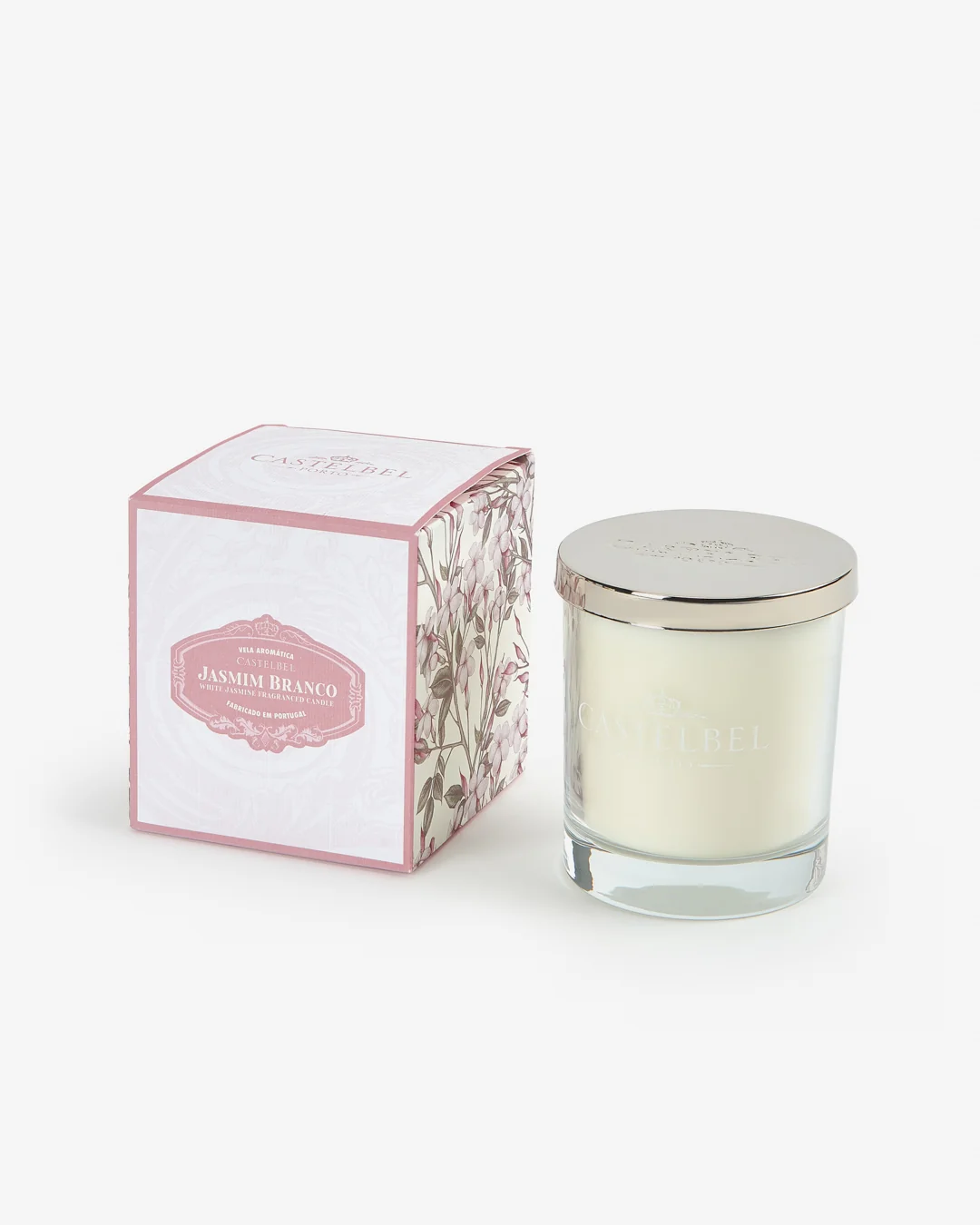 Vela aromática branca com embalagem floral