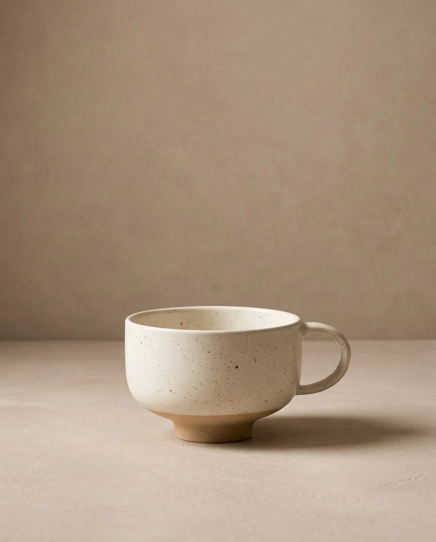 Caneca de cerâmica creme com manchas castanhas e asa arredondada