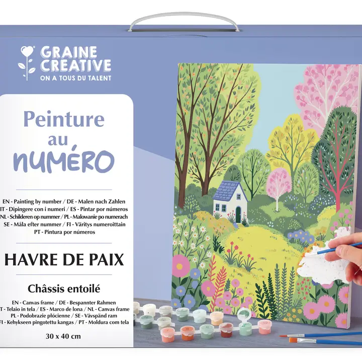 Kit pintura por números com paisagem e casa em tela pavimentada, tintas e pincéis