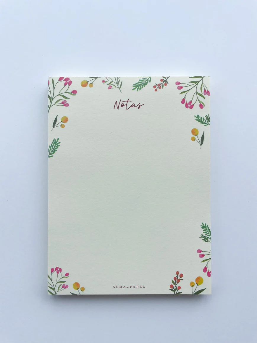 Bloco de notas decorado com flores, texto Notas e ALMA EM PAPEL