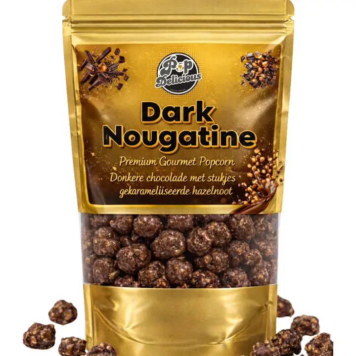 Pacote dourado de pipocas gourmet cobertas com chocolate escuro e avelãs