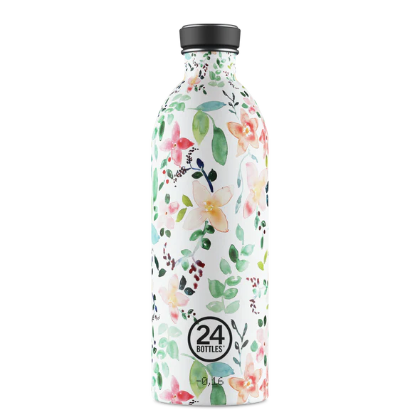 Garrafa de metal com padrão floral colorido, tampa preta e logo 24 BOTTLES.