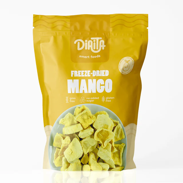 Pacote amarelo de manga liofilizada da marca DIAITA