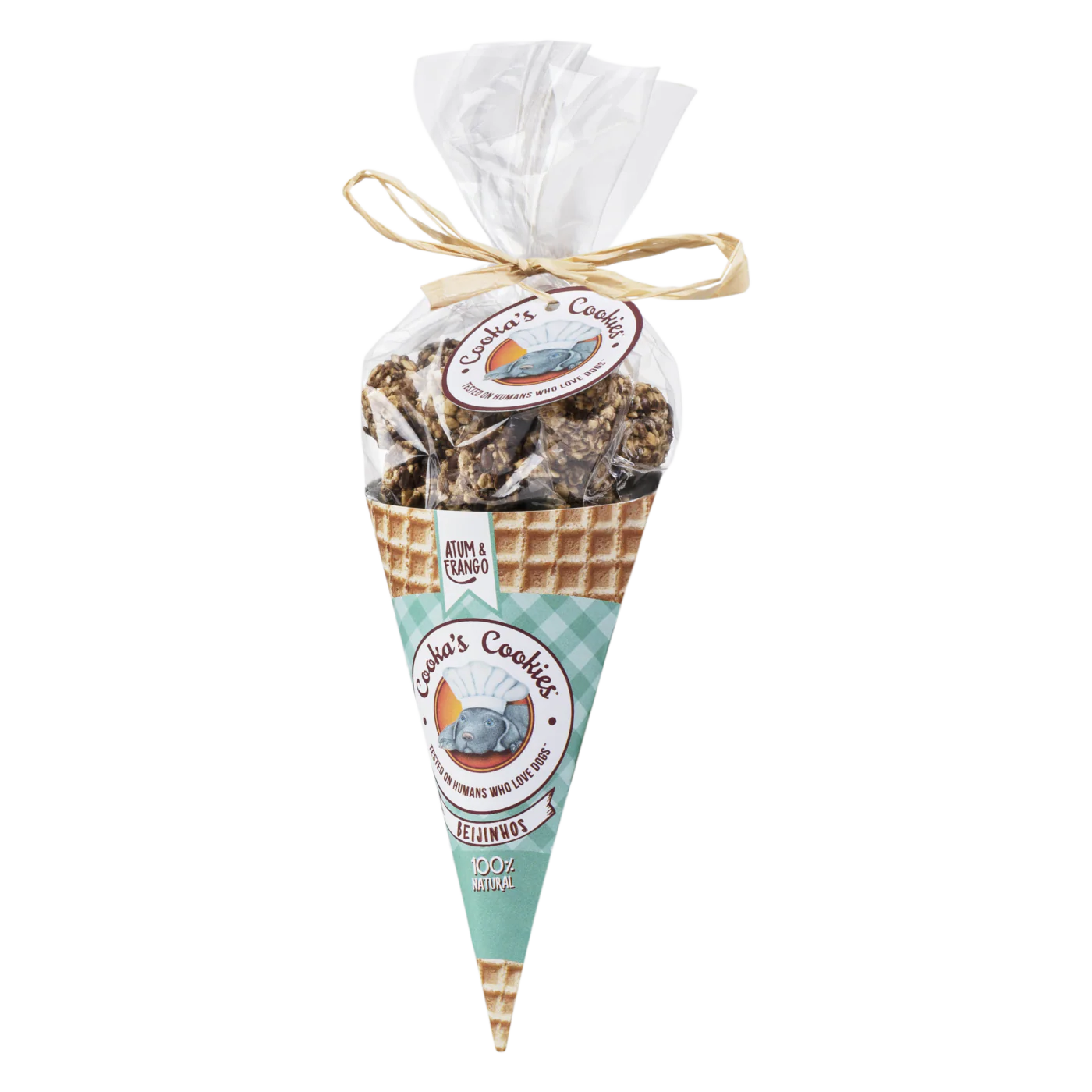 Pacote transparente de cookies com etiqueta azul e cone padrão waffle