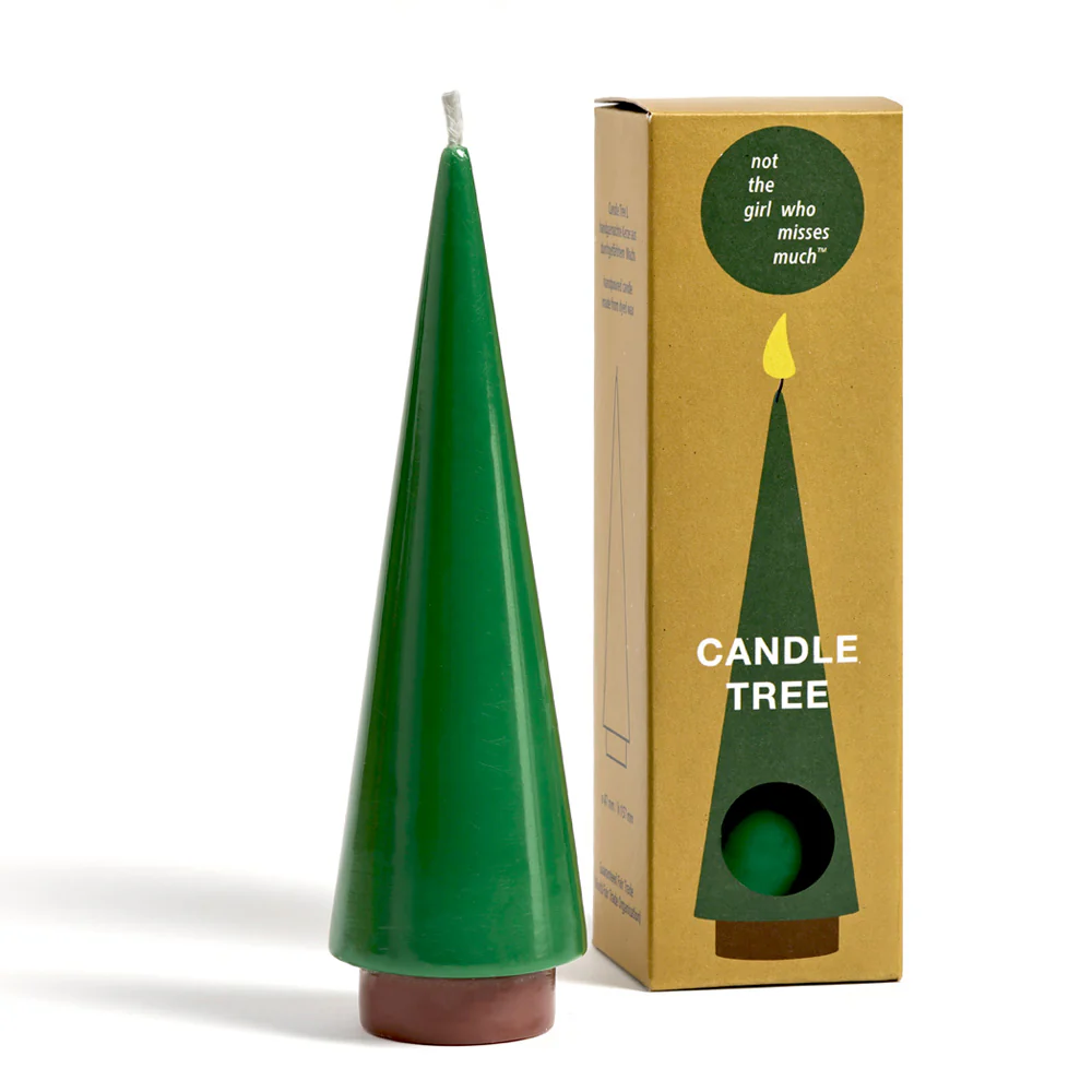 Vela verde em forma de árvore com caixa ilustrada