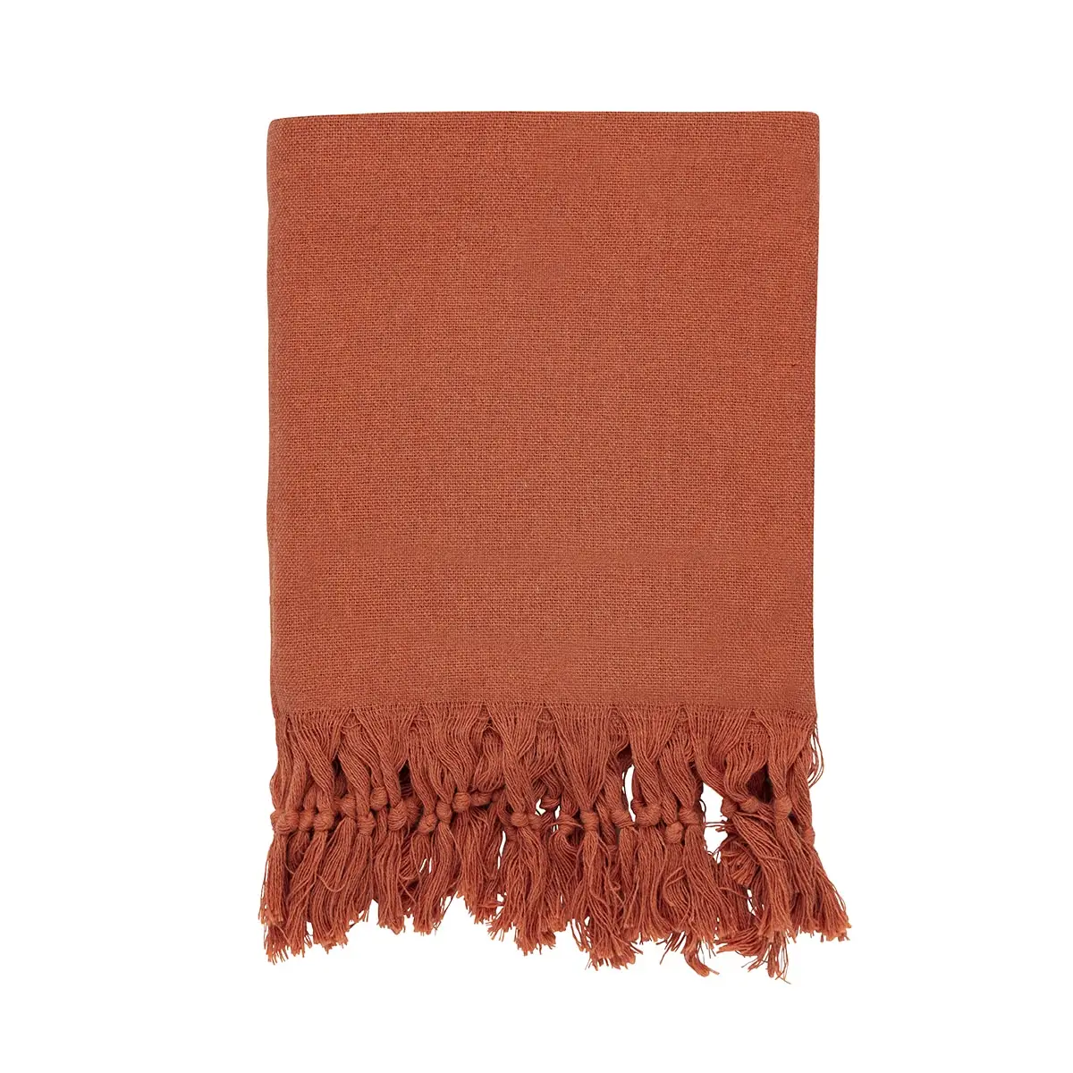 Manta de tecido terracota com franjas entrelaçadas