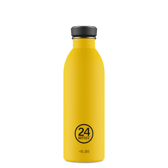 Garrafa amarela de aço inoxidável com tampa preta e texto 24 BOTTLES