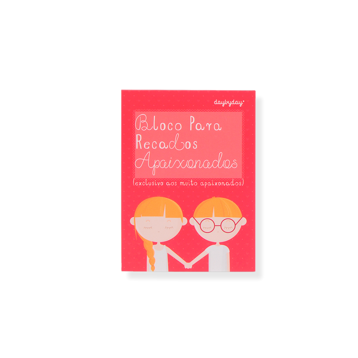 Bloco de notas vermelho com ilustração de duas crianças loiras e texto em branco.