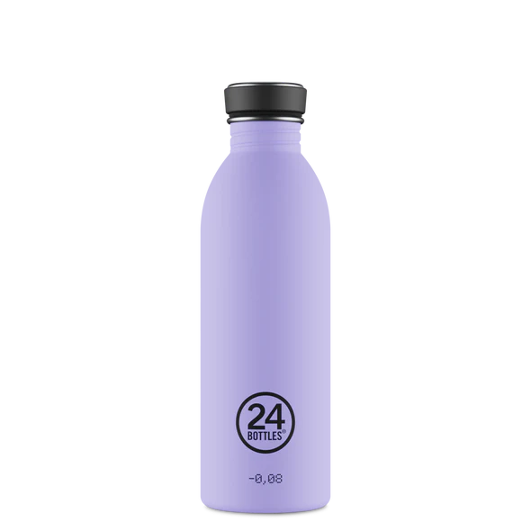 Garrafa térmica lilás com tampa preta e texto 24 BOTTLES