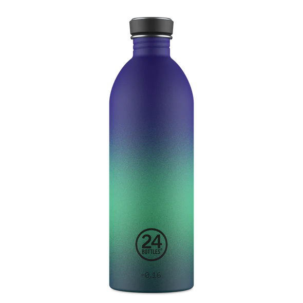 Garrafa reutilizável azul e verde com logo 24 BOTTLES