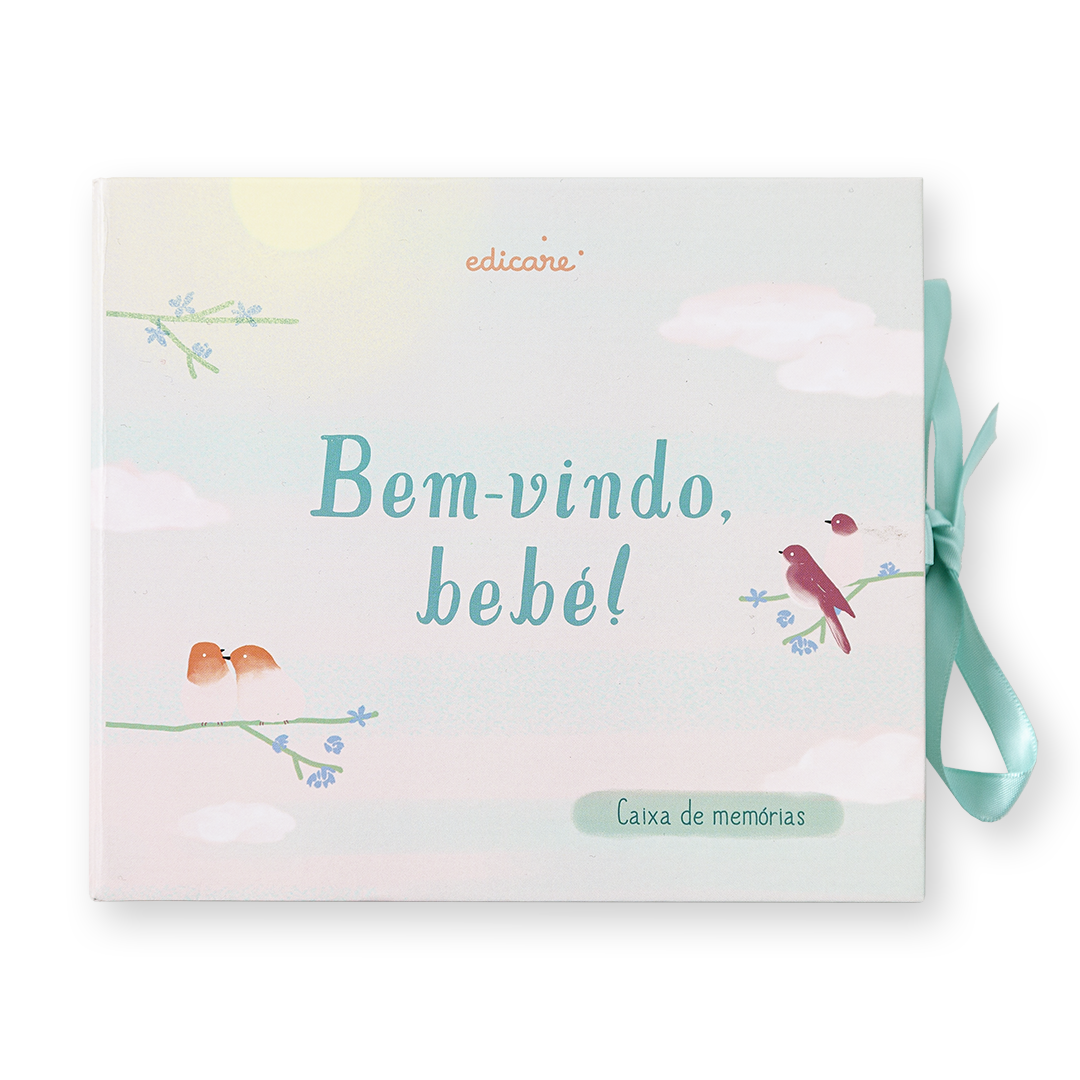 Caixa de memórias para bebé com ilustrações de pássaros e flores, texto Bem-vindo, bebê! e fita azul
