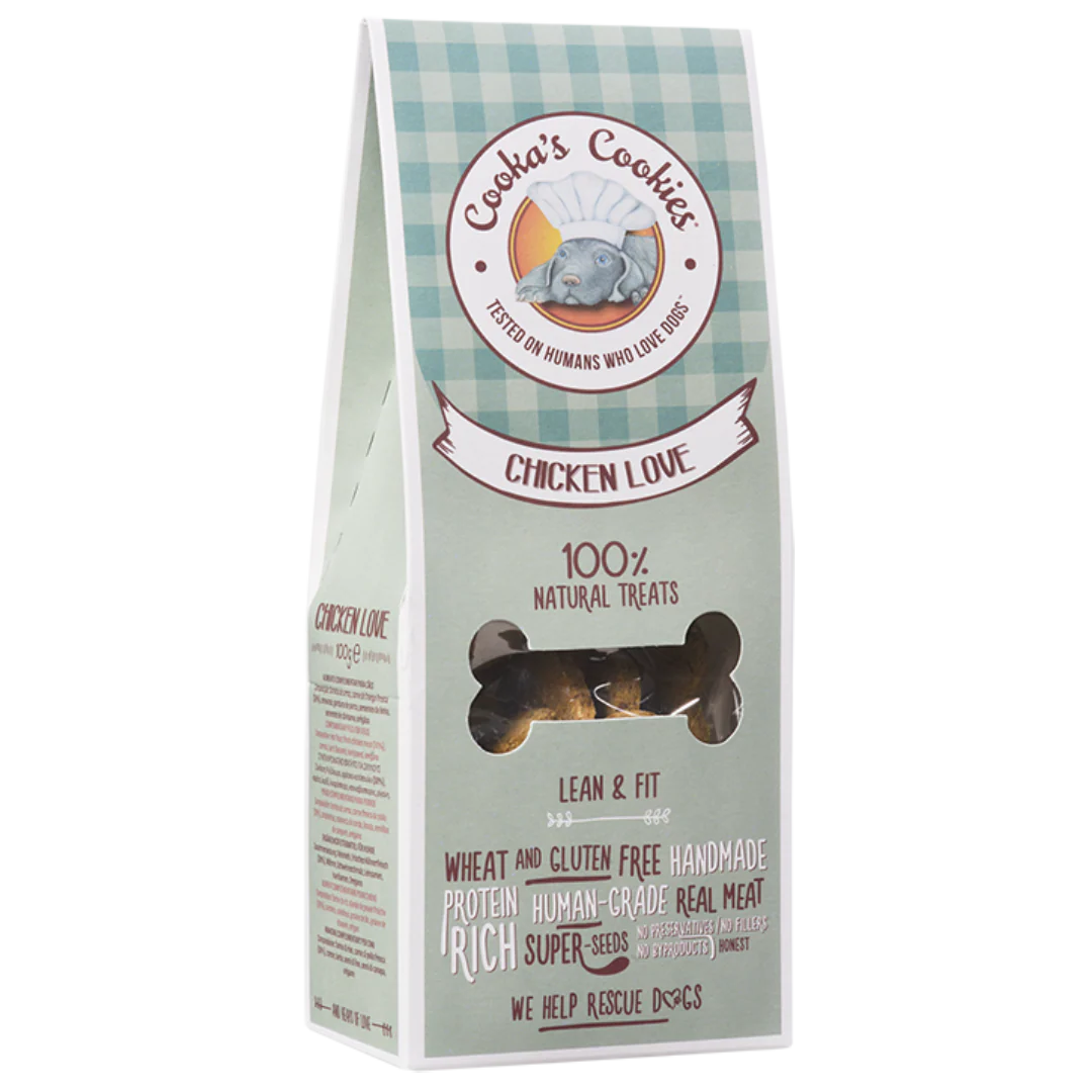 Embalagem de biscoitos para cães Cookas Cookies Chicken Love com padrão xadrez e janela em forma de osso