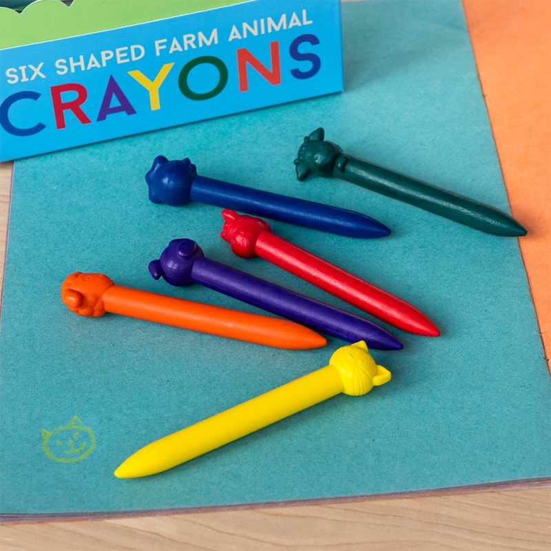 Seis lápis de cera coloridos em forma de cabeças de animais de quinta com caixa azul
