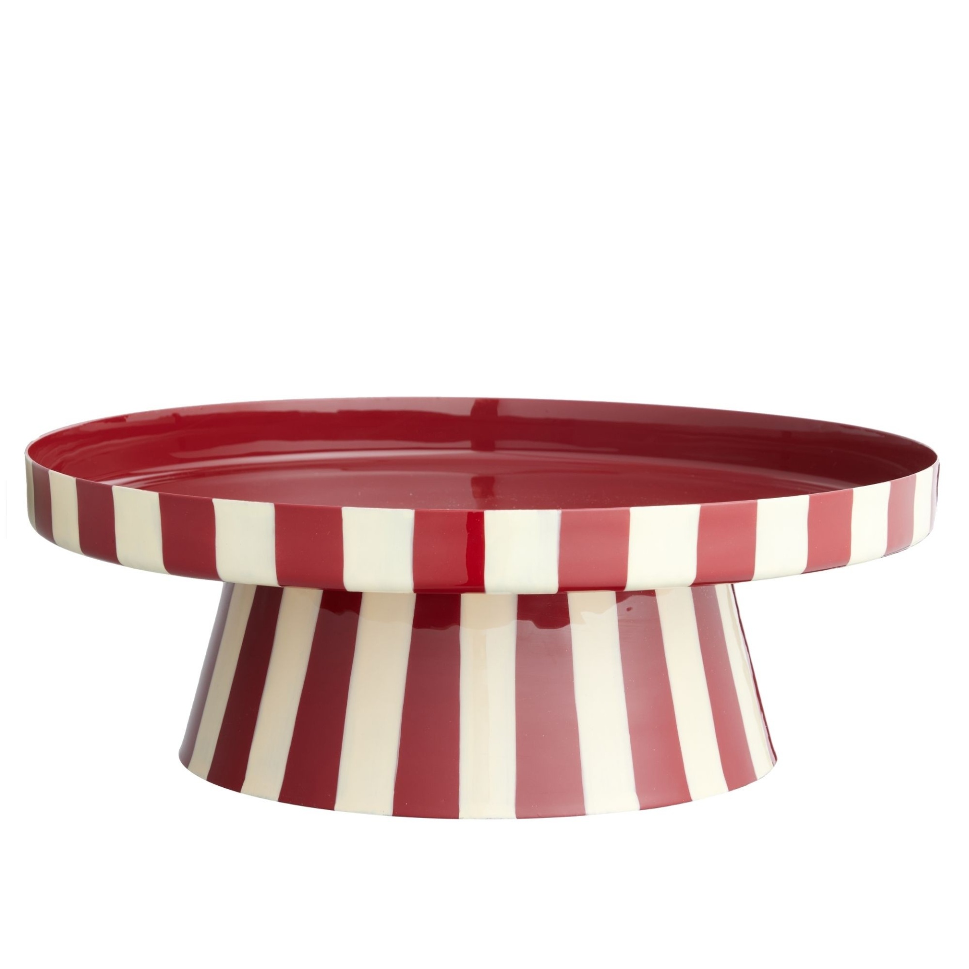 Suporte para bolo com riscas vermelhas e brancas e topo vermelho