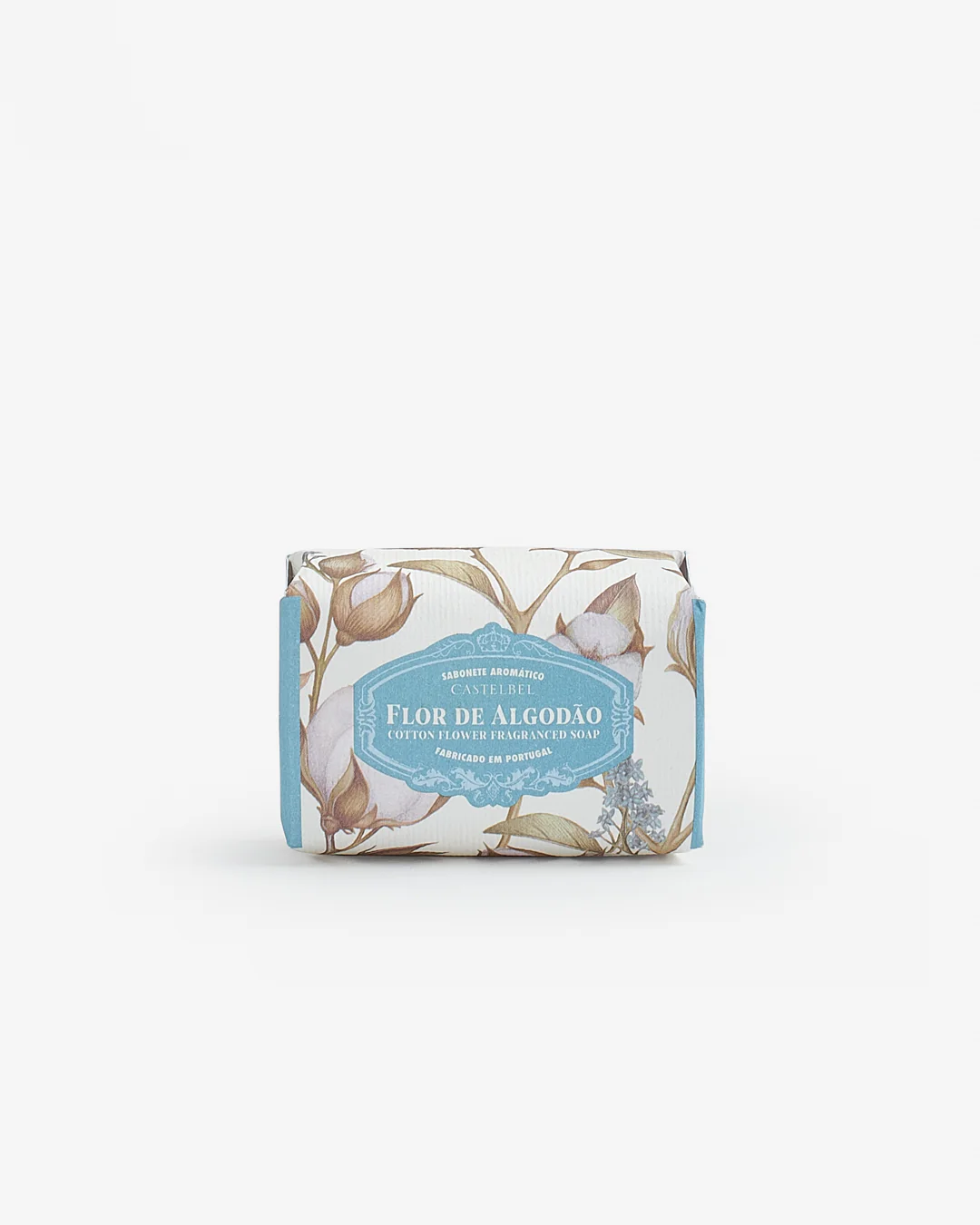 Embalaem de papel de sabonete aromático flor de algodão com padrão floral e etiqueta azul