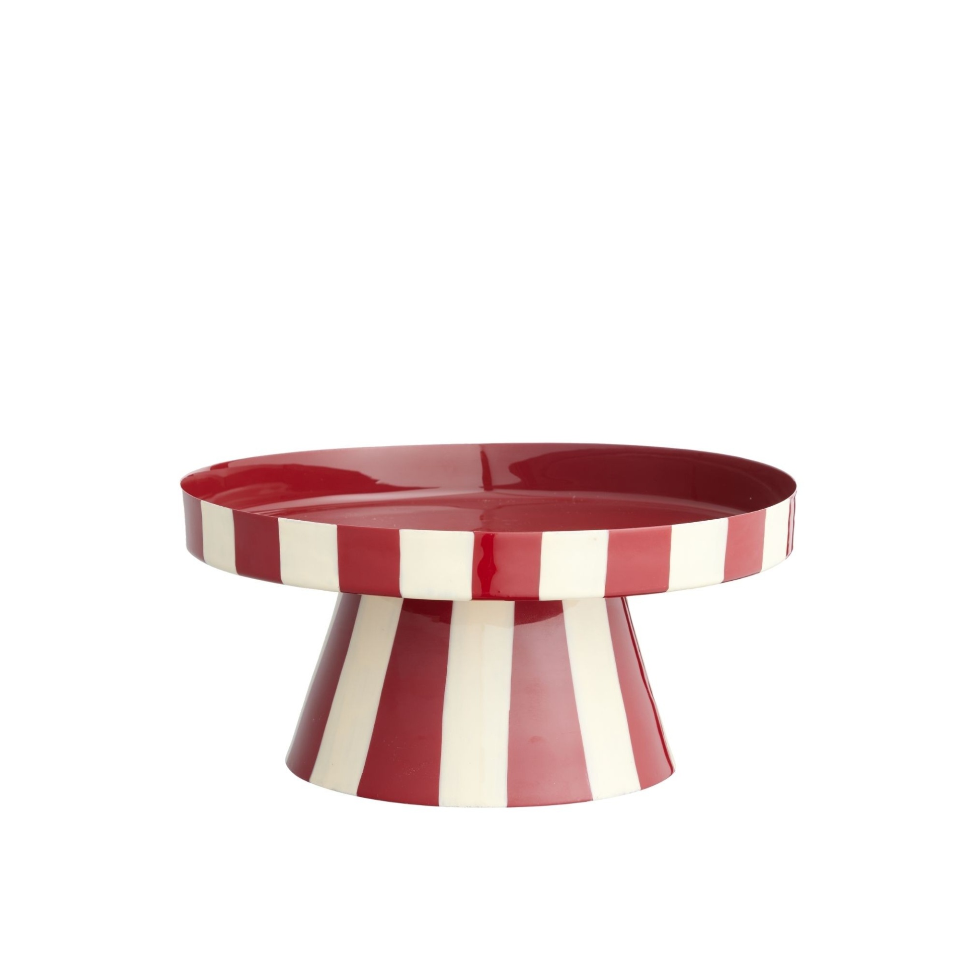 Mesa auxiliar vermelha e branca às riscas com topo circular.