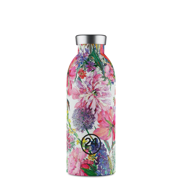 Garrafa térmica com padrão floral colorido e tampa prateada