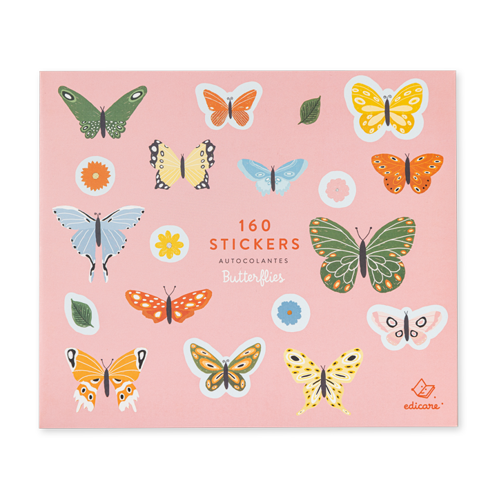 Pacote rosa de autocolantes coloridos de borboletas e flores com texto 160 STICKERS AUTOCOLANTES Butterflies