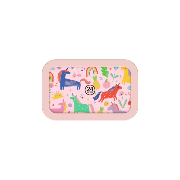 Recipiente rosa claro com desenhos coloridos de cavalos, arco-íris e texto 24 BOTTLES