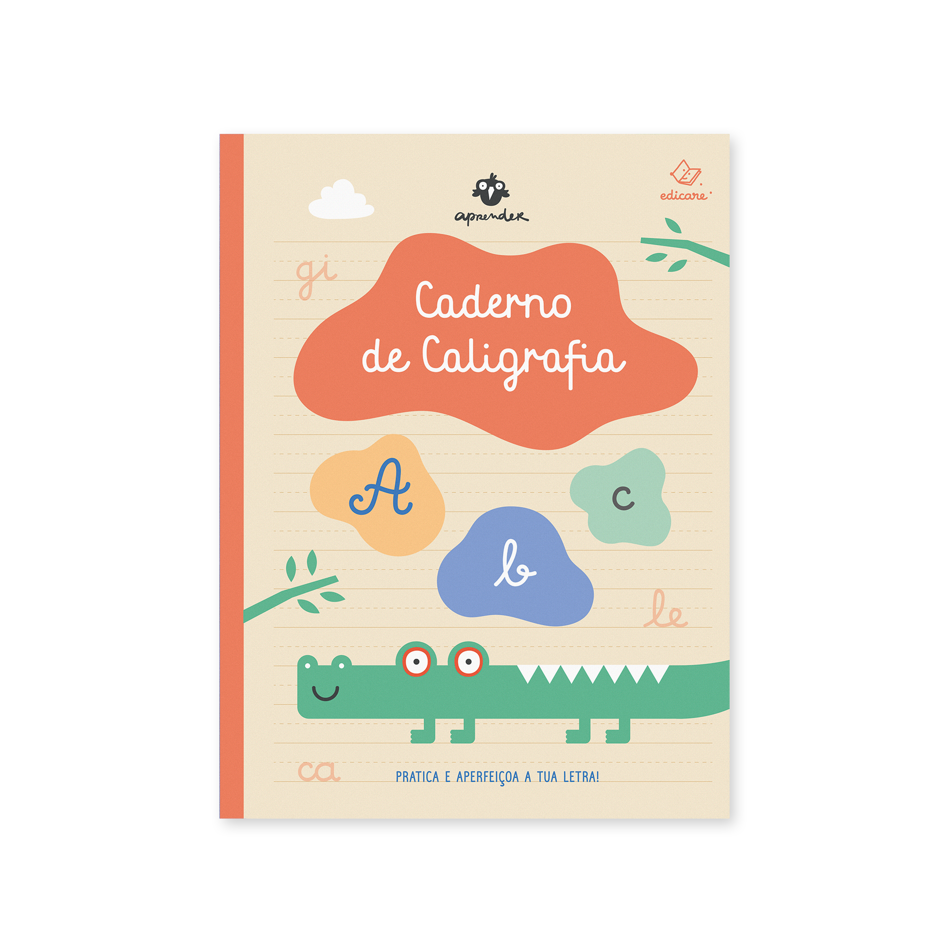 Capa de caderno de caligrafia com desenho de crocodilo e palavras manuscritas