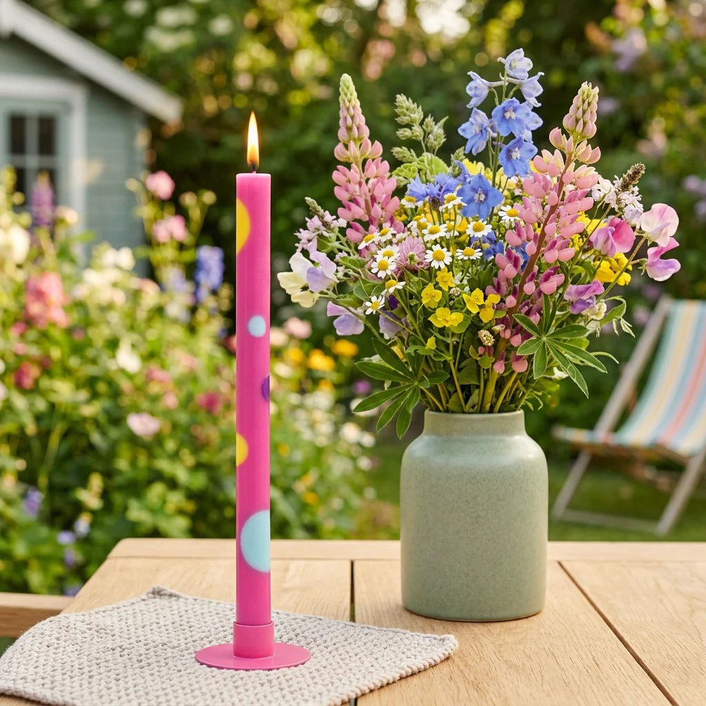 Vela rosa com pontos coloridos ao lado de vaso com flores num jardim