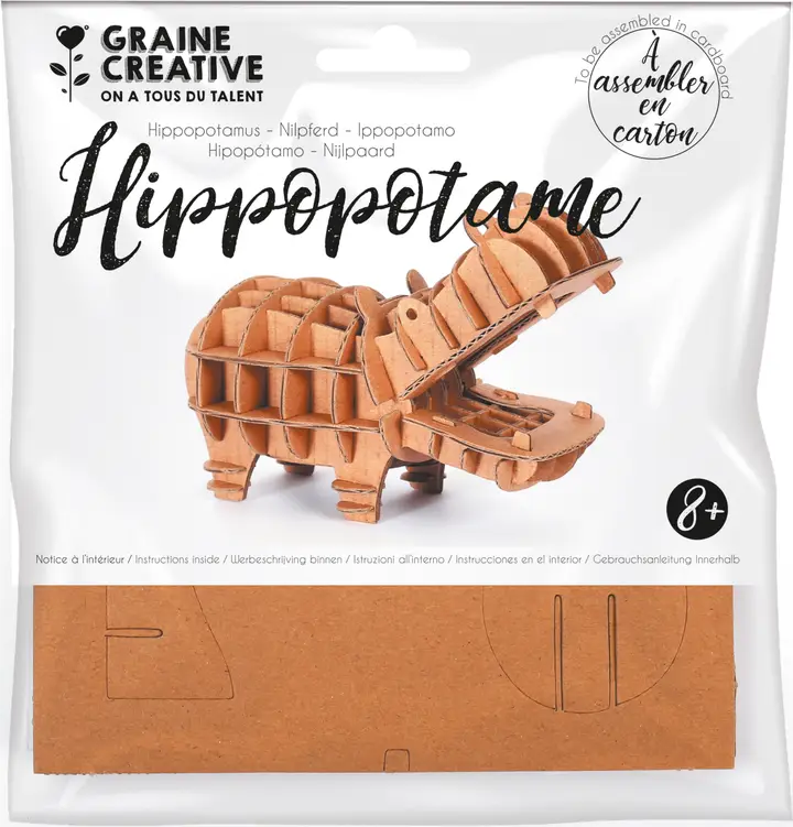 Pacote com modelo 3D de hipopótamo em cartão para montar