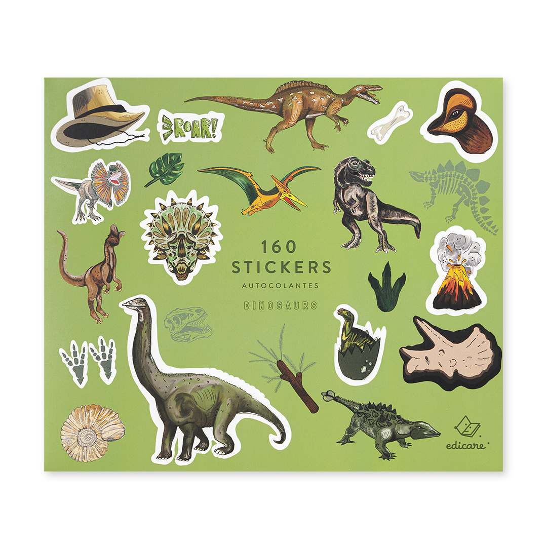 Caixa verde de autocolantes de dinossauros variados e texto de identificação