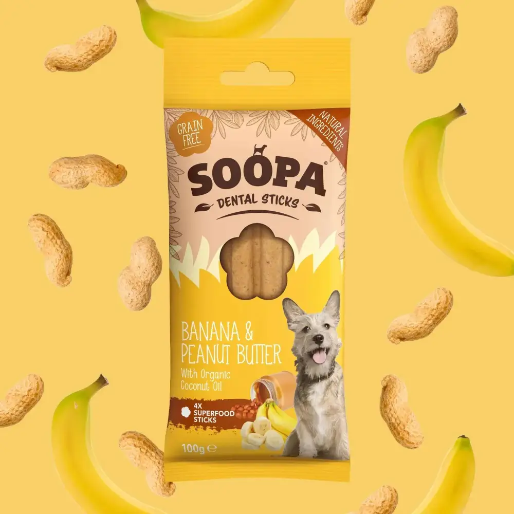 Pacote de sticks dentais para cães sabor banana e manteiga de amendoim