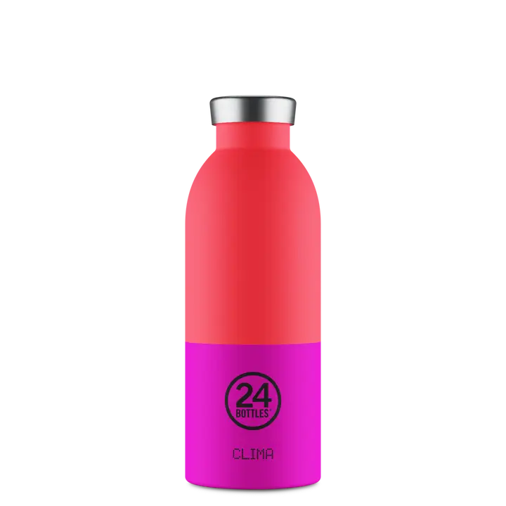 Garrafa térmica vermelha e rosa com tampa prateada e texto preto 24 BOTTLES CLIMA