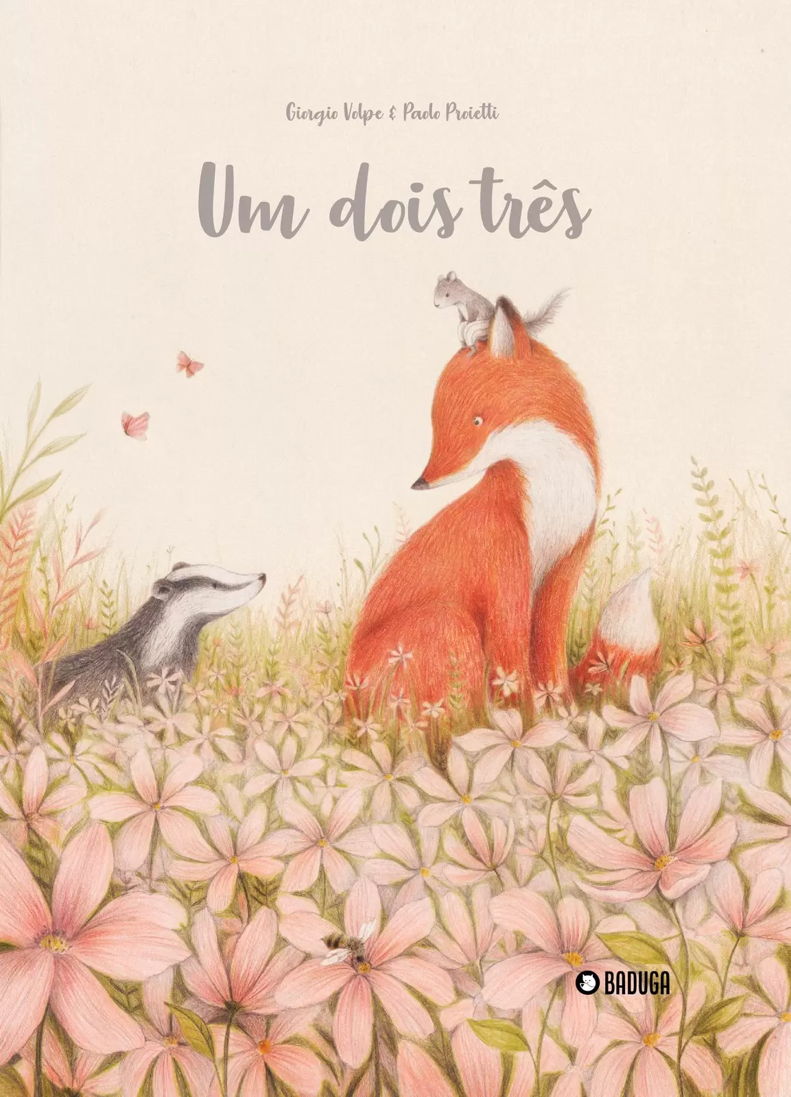 Livro infantil com raposa, texugo e esquilo ilustrados em campo florido e texto de título em português.
