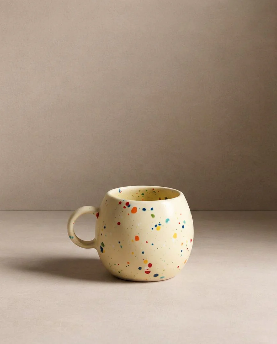 Caneca redonda creme com manchas coloridas e asa