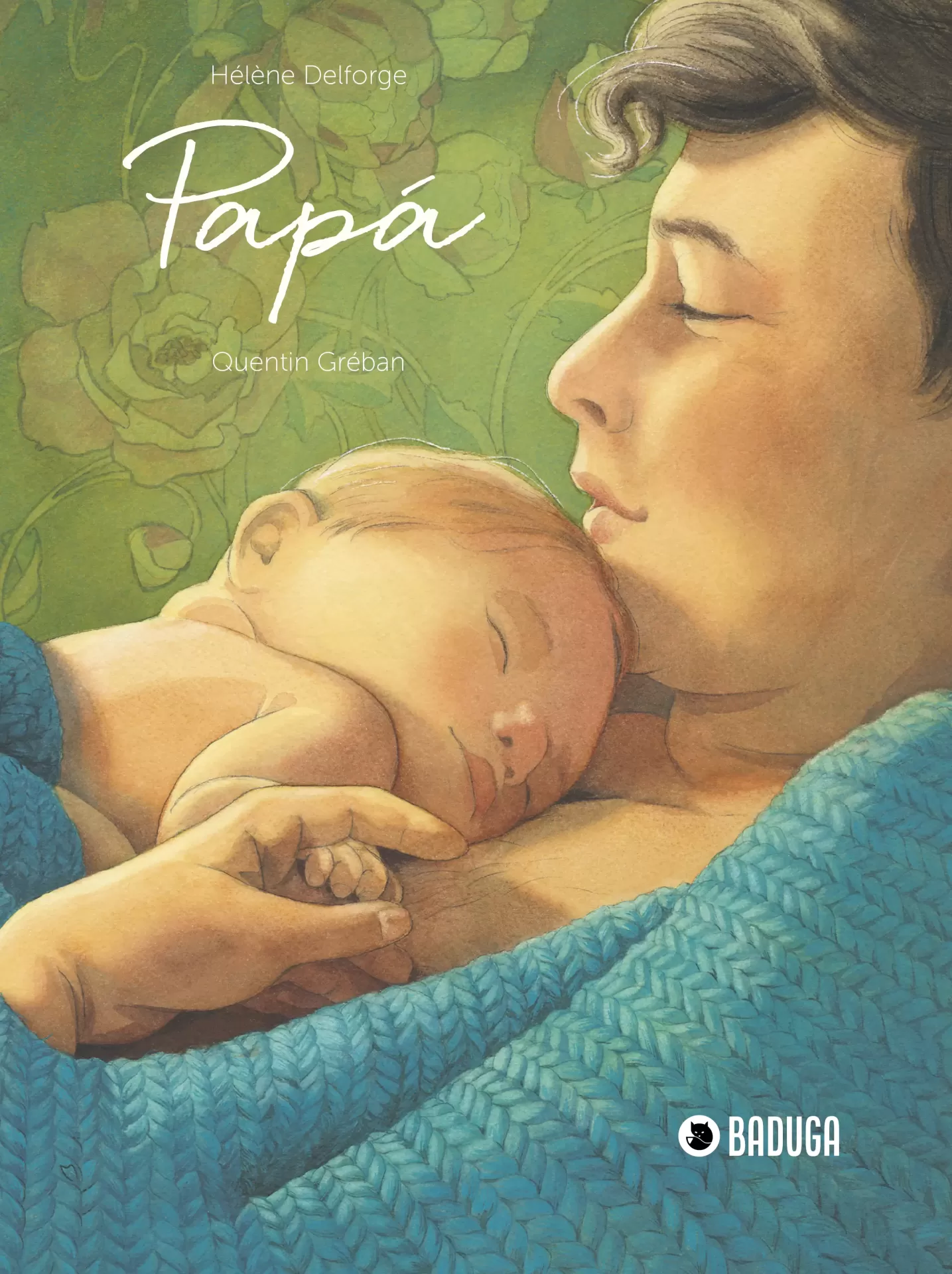 Capa de livro com ilustração de pai e bebé a dormir, fundo floral verde e texto sobreposição.