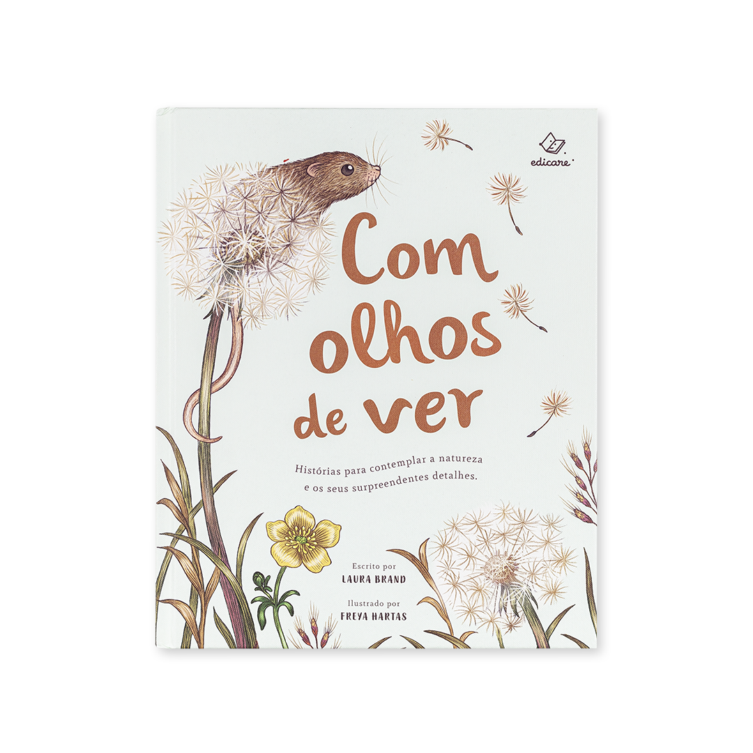 Capa do livro Com olhos de ver com ilustração de rato e flores de dente-de-leão
