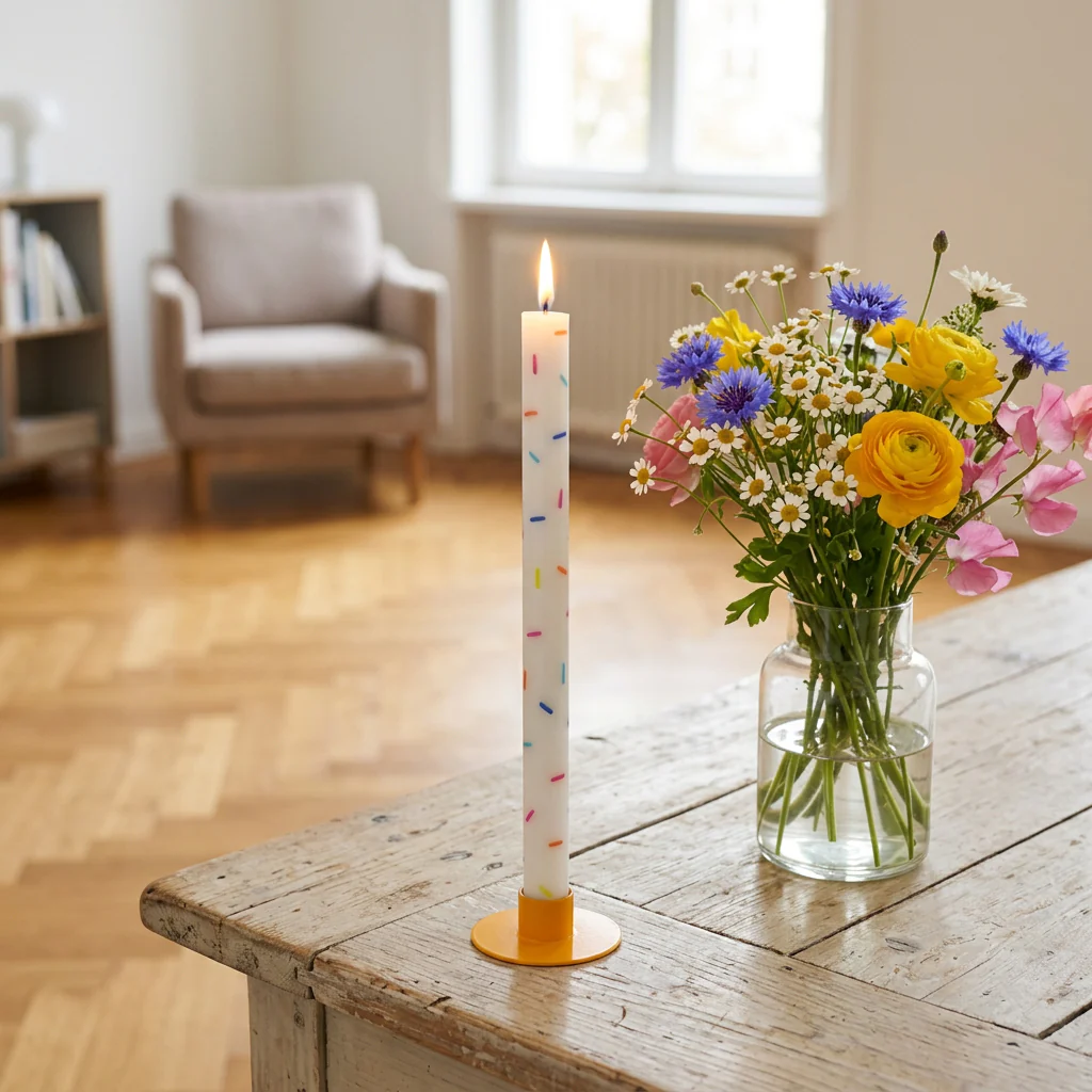 Vela branca com pontos coloridos, em suporte amarelo, numa mesa de madeira rústica ao lado de jarro com flores coloridas num ambiente interior iluminado