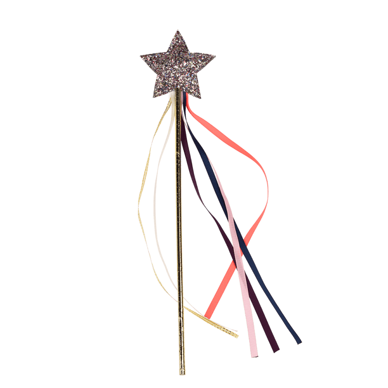 Varinha mágica com estrela cor-de-rosa e fitas coloridas