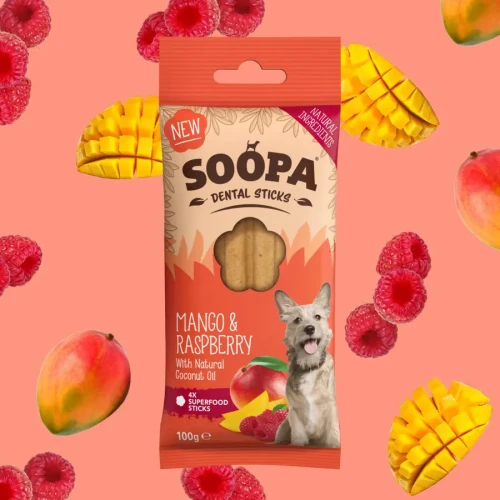 Pacote de palitos dentais para cães sabor manga e framboesa Soopa